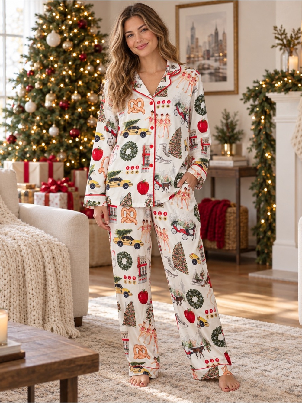 SHESHOW 2XL New York Christmas Satin Pajama Set NWT